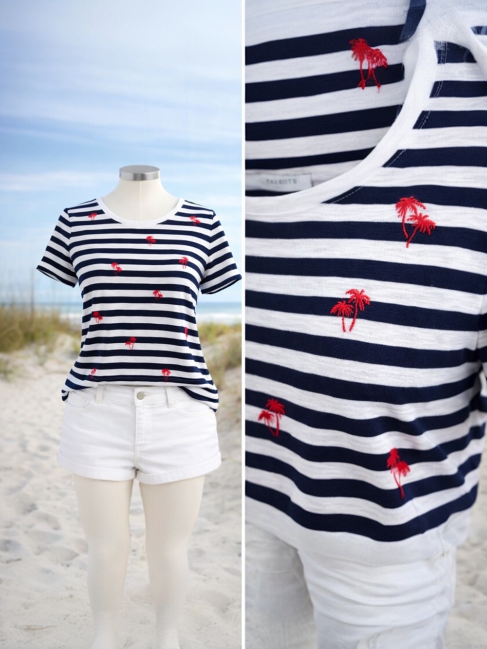 Talbots Navy White Striped Top Red Palm Tree Embroidered Coastal Nautical Size M